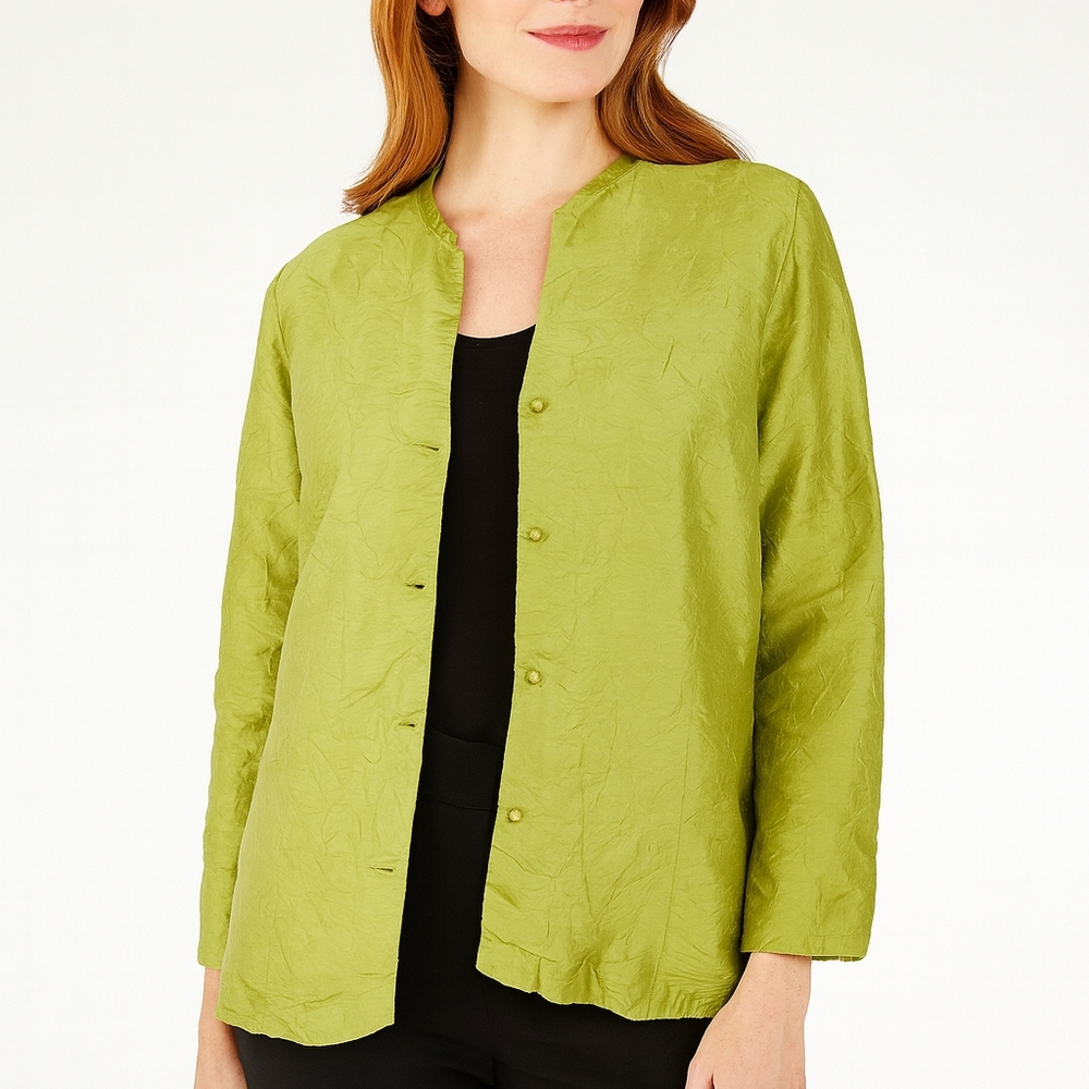 Eileen‎ Fisher Green 100% Silk Crinkle Button Front Jacket Women’s Large Shacket